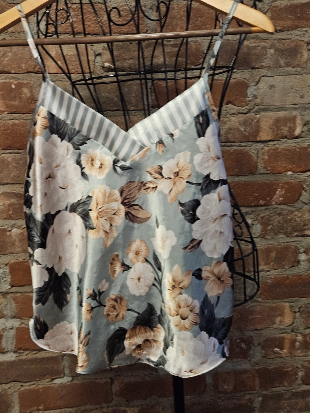 Floral Satin Camisole Top in Light Green and Cream